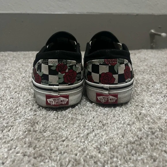 Checkered Slip-On Vans with Red Rose Design - Picture 4 of 7